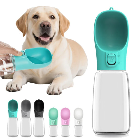 Portable aliexpress dog water bottle with attached drinking tray, compact design for easy hydration during walks.